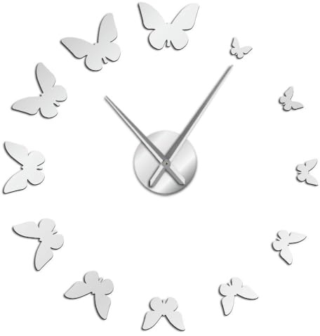 Generico Natura Farfalle Volanti Orologio da Parete Adesivo Moderno Senza Cornice Fai Da Te Design 3D Grandi Dimensioni per Soggiorno, Camera, Ufficio, Facile Installazione (argento,90CM)