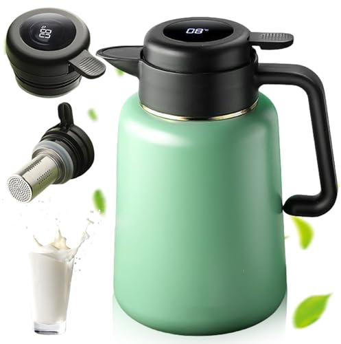 GBKDQQ termoskanna 1,8 l med tesil, 316 rostfritt stål solisoleringskanna, vakuumkanna med temperaturskärm, tät termoskärl för kaffe och te (ljusgrön)