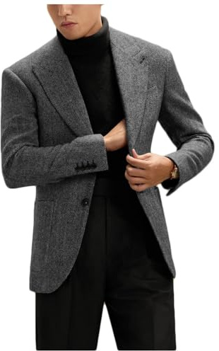 Stillluxury Single Breasted Peak Lapel Jacket Sport Coat Mens Herringbone Tweed Formal Blazer for Evening Banquet Dark Grey Size 4XL