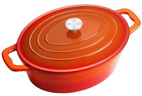 NSIRONS Gusseisen Bräter mit Deckel, Oval Gusseisen Topf 6.6L, Emaille Topf Groß Backofengeeignet, Schmortopf mit Deckel für alle Herdarten Induktion (Orange)