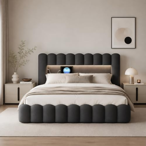 Bubble Bett 160x200 Mit Bettkasten, Polsterbett Doppelbett Mit Hydraulisch Stauraum, Stauraumbett Mit LED Und USB Ladefunktion, Jugendbett Bettgestell Mit Lattenrost, Leinen, Ohne Matratze, Grau
