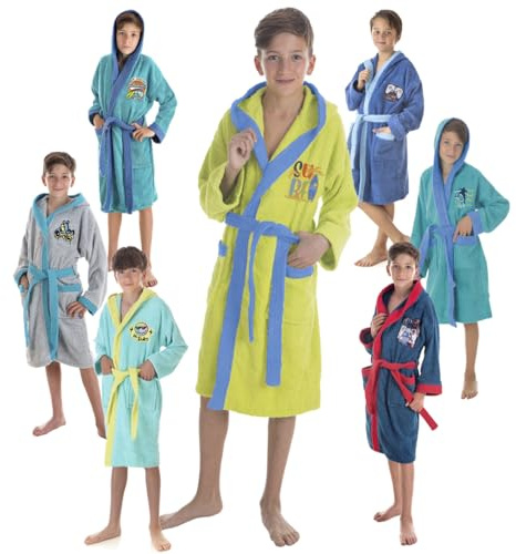 LEBENGOOD - Peignoir Enfants adolescents 100% Coton OEKO-TEX - 2 Poches, Ceinture, Capuche, Peignoirs en peluche très doux avec broderies pour enfants