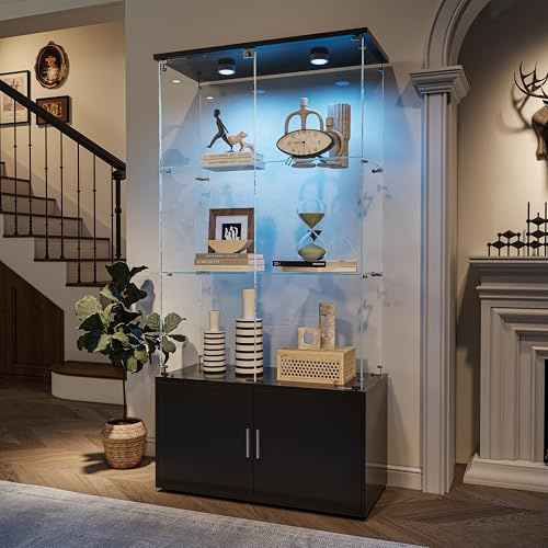 Glasvitrine Standvitrine, Schrank für Sammlung mit LED, mit 4 Türen 3 Einlegeböden transparent Unterschrank aus Holz Möbel Vitrine Glas Vitrine Figur vitrine Wohnzimmer Bar (4Etagen,4Türen+LED-2)