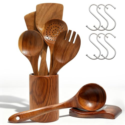 Bohrynthic 14 Pezzi Set Utensili Cucina Legno, Spatola Cucina e Cucchiai Legno, Cucchiaio di Legnos con Poggiamestolo, Antigraffio, per Pentole e Padelle Antiaderenti, per Girare e Raschiare Alimenti