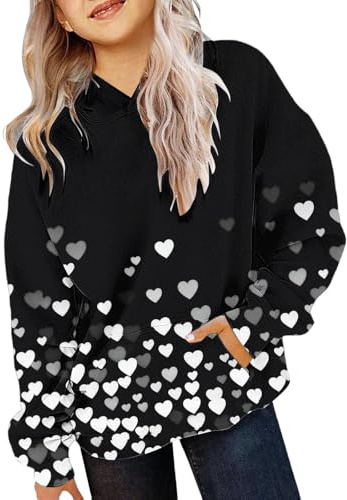 Mjjsk Grafiska huvtröjor för flickor hjärttryck mode långärmad pullover sweatshirt barn vardaglig snygg tröja med huva toppar, Svart, 9-11 Years