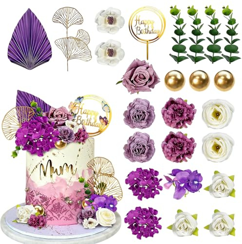 25 Pcs Boho Cake Decorations Rose Artificial Flower Cake Toppers Happy Birthday Toppers Palm Spears Cake Decoration for Birthday Wedding Party Pink Cake Decor