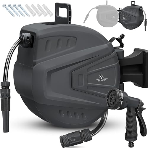 KESSER® automatische Schlauchtrommel 30 m + 2 m, Wand Schlauchbox mit Aufrollautomatik, Schlauchaufroller mit Gartenschlauch, 180° schwenkbar + Multi Handbrause mit 9 Modi, inkl. 2 Aufsätze, Anthrazit