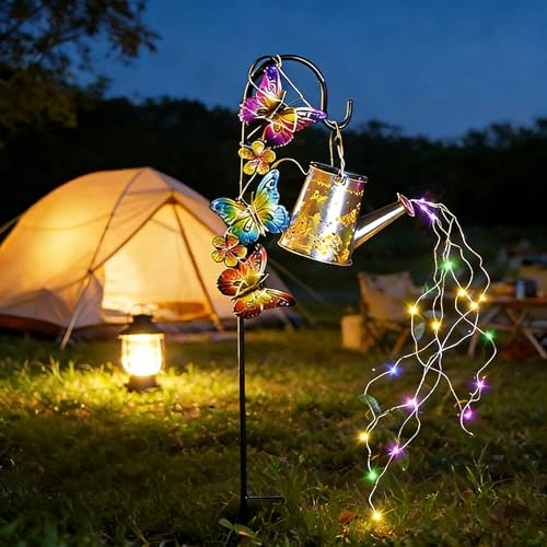 Watering Can Solar Lights Outdoor Garden, IP 44 Butterfly Garden Stake Led Solar String Lights Waterproof Dual Mode Water for Garden, Lawn, Patio Or Yard Decor