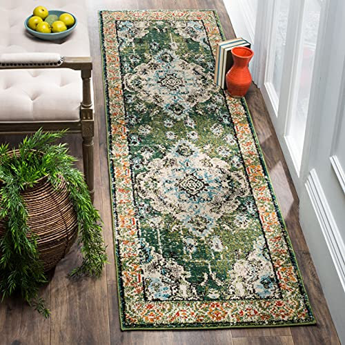 SAFAVIEH Boho Teppich für Wohnzimmer, Esszimmer, Schlafzimmer - Monaco Collection, Kurzer Flor, Waldgrün und Hellblau, 66 X 244 cm
