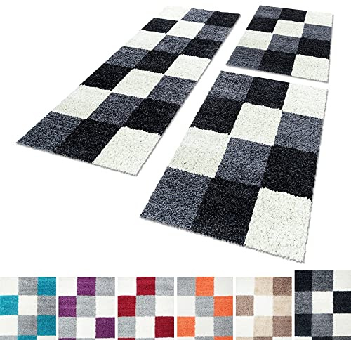 Tappeto shaggy a pelo lungo, set di 3 pezzi, set di scendiletto, passatoia, per camera da letto o corridoio, Polipropilene, Black, 2x60x110+1x80x150