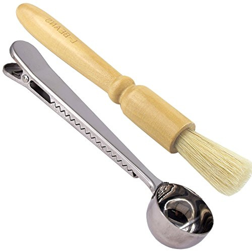 Coffee Grinder Cleaning Brush, Heavy Wood Handle & Natural Bristles Wood Dusting Espresso Brush for Bean Grain Coffee Tool Barista with Stainless Steel Spoon Measuring Scoop with Bag Clip Coffee Tool