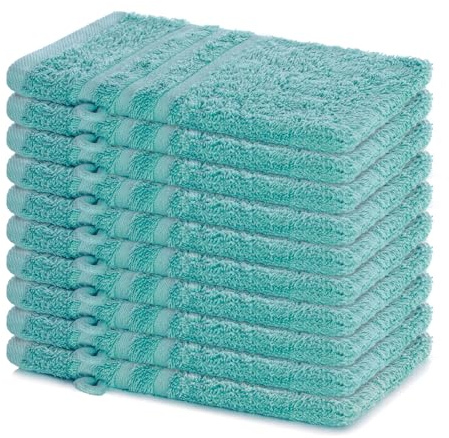 Lavea® Lot de 10 Gants de Toilette 15x21 cm en Éponge 100% Coton – Doux et Absorbants – Idéal pour Maison, Hôtel, Spa, Invités et Bébé – Serviette de Toilette/Serviette Visage – Turquoise