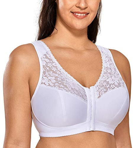 Delimira Women's Front Fastening Bras Lace Wireless Plus Size Full Coverage Racerback Support Bra White 38H