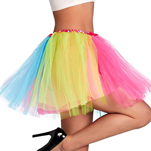 Phantomon Tutu Skirt Women's Teens Classic Elastic 4 Layered Tulle Ballet Tutu Skirt, Adult Size Non See-Through (Rainbow)