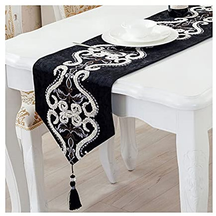 Banemi Herbstdeko Tischläufer, Klarsicht Tischdecke Schwarz Stickblumen Mit Quasten Polyester 33X160cm Deko Wohnzimmer Vintage