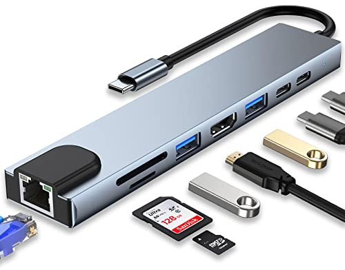 HUB USB C, Adaptador USB C 8 en 1 con HDMI 4K, PD de 100 W, Puerto USB C, USB 3.0, Ethernet RJ45, SD/TF, Estación de Acoplamiento Compatible con Portátiles MacBook Pro/Air y Otros Dispositivos Tipo C