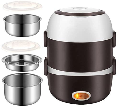 SanBouSi Fiambrera eléctrica de 2 litros, 3 capas, fiambrera portátil, olla de cocción al vapor, recipiente de alimentos de acero inoxidable, mini calentador de arrocera