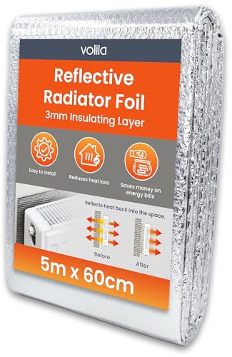 Radiator Foil 5m x 60cm - 1 Pack Folded Radiator Reflector Panels for Enhance Heat Efficiency - Energy Saving Insulation Foil and Radiator Heat Deflector for Home Heating with Adhesive Pads