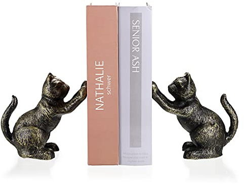 TOLIDA Buchstützen, 2 Stück, Schwarze Katzen, Gusseisen - Türstopper Mit 6 Hochfesten Abstandshaltern für Bücher, CDs, DVDs