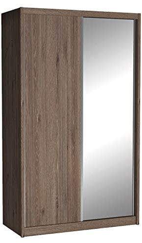 Cool24 Karol Kleiderschränke - Modern Schwebetürenschrank - Kleiderschrank mit Spiegel und Kleiderstange - Schlafzimmerschrank 140 cm mit 7 Regale - Kleiderschrank Schokolade - Schrank Schlafzimmer