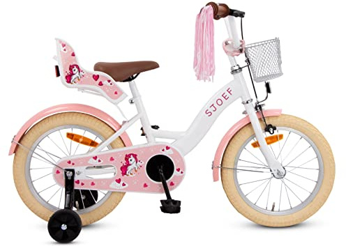 SJOEF Dolly Kinderfahrrad 16 Zoll | Ab 4-6 Jahre | einfache Montage (95% vormontiert) | Kinder Fahrrad für Mädchen/Jugend | Kleidergröße von 103 bis 118 cm | inklusive Stützräder