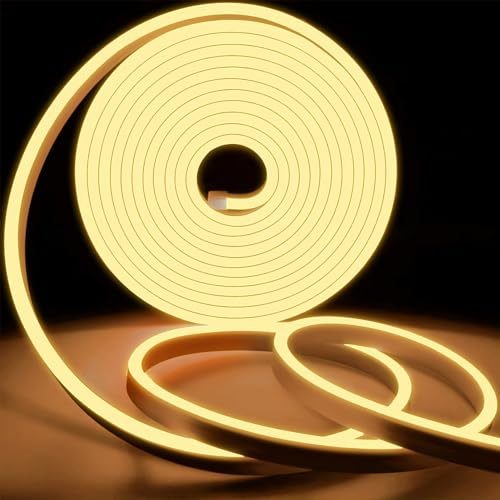 KSIBNW Neon LED Strip Light Waterproof IP65,32.8ft/10m 220v LED Light Strip,Flexible Cuttable Rope Light Neon Strip Light for Kitchen Bedroom Garden Lights,Outdoor Indoor Decor,Warm White