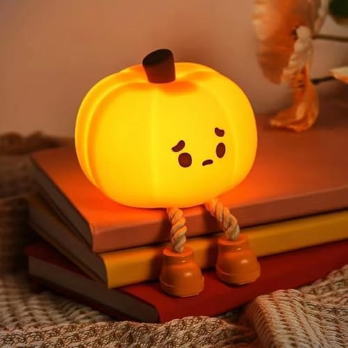 Dylviw Luce notturna a forma di zucca, simpatica lampada a LED forma di zucca, in silicone, dimmerabile, per bambini, lampada da comodino ricaricabile, decorazione divertente per scrivania da