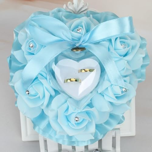 SYSUII Ringkissen Hochzeit Hochzeitskissen, Ehering Kissen Herzform Ringkissen Ringhalter mit Rose Strasssteinchen und Schleife Vintage Ringhalter Hochzeit deko Ringträger für Eheringe Verlobung-Blau
