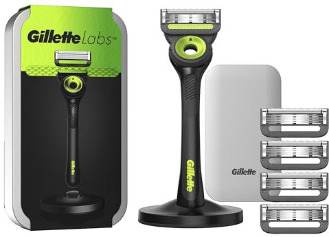 Gillette LABS RASOIO UOMO, con 5 LAMETTE DA BARBA di Ricambio, BASE MAGNETICA e BARRA INTEGRATA Elimina Impurità Pelle, Rasatura Facile, Comfort Ottimale, CUSTODIA DA VIAGGIO, Nero, Idea Regalo