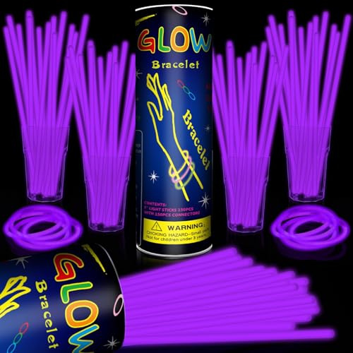 Taikula Confezione da 200 bastoncini luminosi da 20,3 cm, con 200 connettori, al neon, si illuminano al buio, forniture per feste di Natale, vacanze, feste, carnevale (viola)