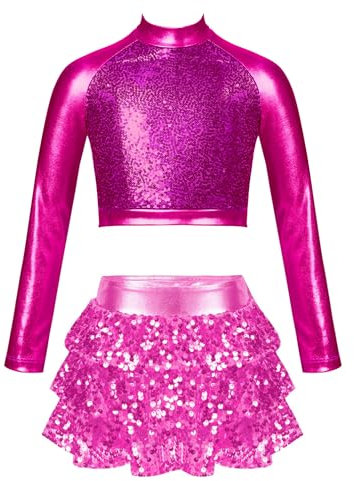 inhzoy Mädchen Glitzer Tanz Kleidung Hip Hop Latin Dance Outfits 2er Set Pailletten Metallic Rock Shirt Set Kinder Lateinisches Jazz Ballsaal Bauchtanz Tanzkostüm Hotpink_A 122-128