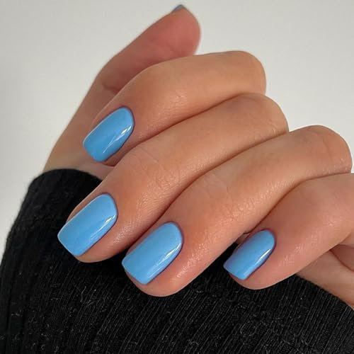24PCS Short Square False Nails French Tip Press on Nails Solid Color Reusable Fake Nails Kit with Glue Stickers Acrylic Full Cover Stick on Nails for Women and Girls Daily Wear - Sky Blue