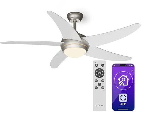 KLARSTEIN Bolero Ventilatore da Soffitto con Luce e Telecomando - 132cm, 6 Velocità, Modalità Estiva/Invernale, Silenzioso, Smart App, Design Elegante, Montaggio Flessibile, Bianco