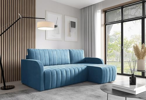 LIKMA Ecksofa Otto L-Form 224 cm Türkis Moderne Sofas & Couches - Velvet Sofa mit Schlaffunktion - Schlafsofa mit Bettkasten - Wohnlandschaft mit Bettzeugbehälter, Stoff: Jasmine 85