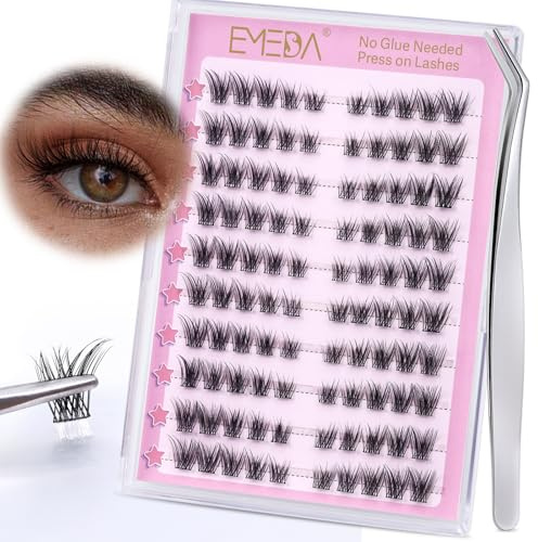 EMEDA Selbstklebende Katzenaugenwimpern, Kleberlose Wimpernbüschel-Kit 120 Stück Wimpern zum Aufdrücken Vorgeklebte Wimpern mit Pinzetten-Set (Cateye02)