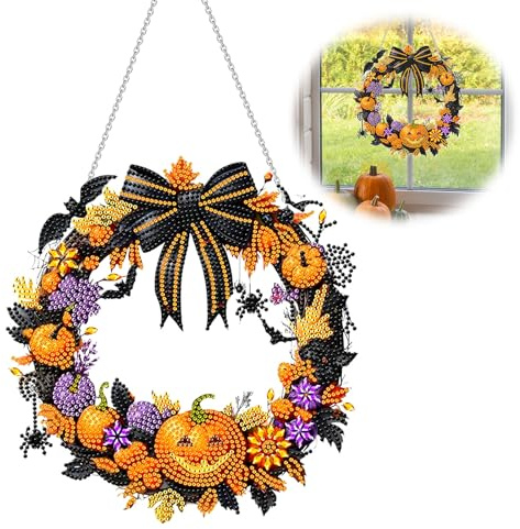 Vordpe Diamond Halloween Deko Türkranz, Einseitig Painting Herbst mit Kette, für Halloween Fenster Wand Deko (Kürbis)