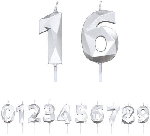 FUZVOL Birthday Cake Candles, Silver Number 16 Candle,Cake Topper Decorations