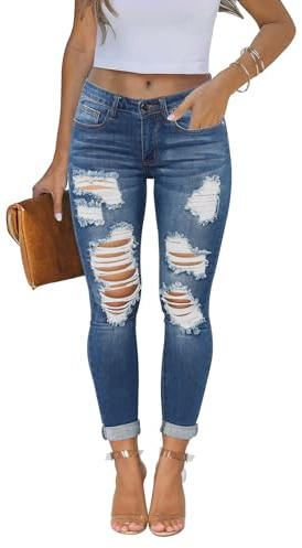 KUNMI Women's Skinny Ripped Trendy Jeans Distressed Stretchy Denim Pants