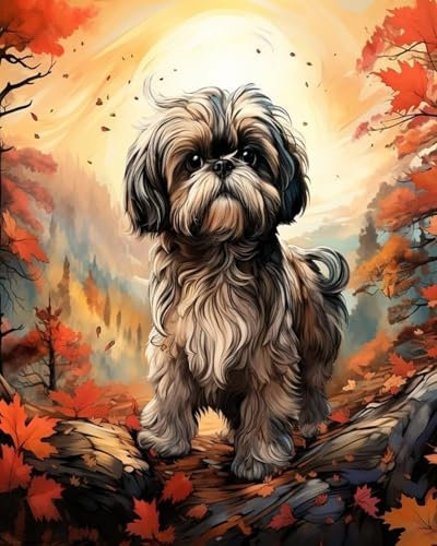 ANSIWEIGO Malen-nach-Zahlen-Set auf Leinwand für Erwachsene,ein Shih Tzu im Wald,DIY-Set für Erwachsene,Acrylfarbe,Ölbild zum Ausmalen nach Zahlen,Kunst,40x50 cm