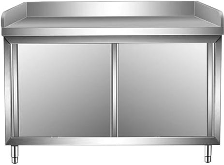 Table de travail à trois côtés en acier inoxydable avec porte coulissante et armoire de rangement pour la préparation de la cuisine et le hachage, boîtier métallique multifonction