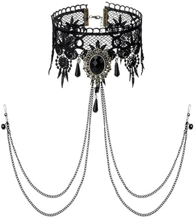 Faux téton sexy ras du cou pour femme rétro en dentelle noire collier ras du cou sans piercing anneaux de téton sexy soutien-gorge chaîne de téton chaîne de téton fête cocktail vêtements accessoires