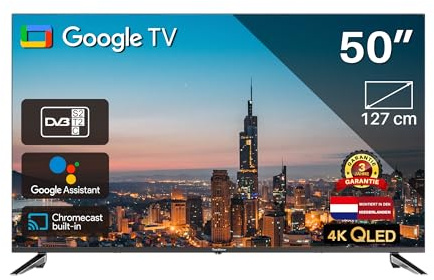 TEEVIEW Google Smart TV | QLED 4K UHD | 50”/127cm | Frameless Design | Tripple Tuner DVB-T/T2/S/S2/C | HDMI x3, USB x2, CI+ | Sprachsteuerung & Streaming-Apps | In Eindhoven montiert | TV50QQG-EU