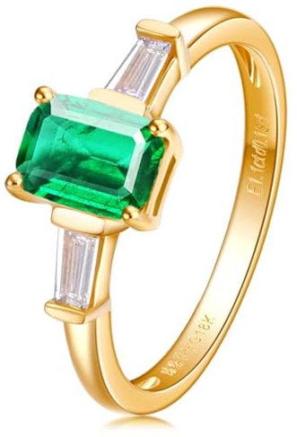 Tolldek Au750 Gelbgold Ring, Klassiker Zart Trauringe mit Smaragd 0.6ct Rechteckschliff, Partnerringe 18K Gold Hochzeitsring Echtes, Gr.58 (18.5)