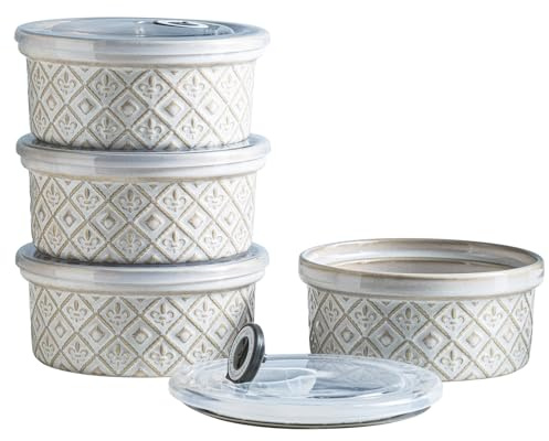 MISSYSSIM Ceramic Souffle Small Baking Dishes for Oven, 16oz Charcuterie Bowls Creme Brulee Ramekins Set with Lids, Pudding Custard Cups Snack Dipping Bowls Set of 4, Beige