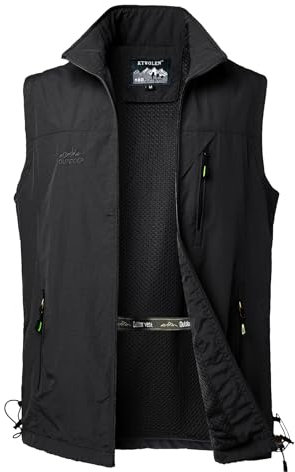 KTWOLEN Herren Freizeitweste Anglerweste Trainingsweste Hundesport Jagdweste Arbeitsweste Sportlich Schnelltrockenweste Sommer Safari Weste Atmungsaktiv Fischerweste, Schwarz, XXL