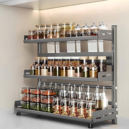 devesanter Gewürzregal Stehend 3 Etagen Metall Gewürzständer Höhenverstellbares Gewürzhalter Küchenregal Organizer für Arbeitsplatte Aufbewahrung,grau
