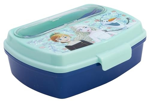 KP Pharma Disney Frozen - Lonchera con cubiertos para niños, duradera, sin BPA, con cuchara y tenedor, fácil de limpiar y apta para alimentos, perfecta para la escuela, picnics o aperitivos sobre la