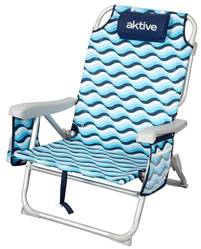 AKTIVE Silla de Playa Plegable, 50x58x80 cm, 5 Posiciones, Aluminio y poliéster, con cojín, Compartimento Trasero y Asas Mochila, Soporta hasta 110 kg, Cierre de Clic Seguro, Modelo Aruba (62417)