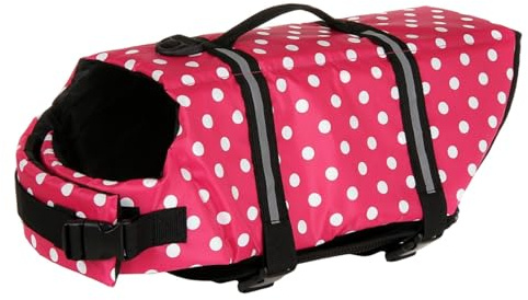 Hundeschwimmweste, verstellbar, Sicherheits-Schwimmweste, Haustier-Rettungsring mit Griff, for Schwimmen, Surfen, Bootfahren for kleine Hunde, Welpen und große Hunde (XL, Rot)(Pink Dots,XXS)