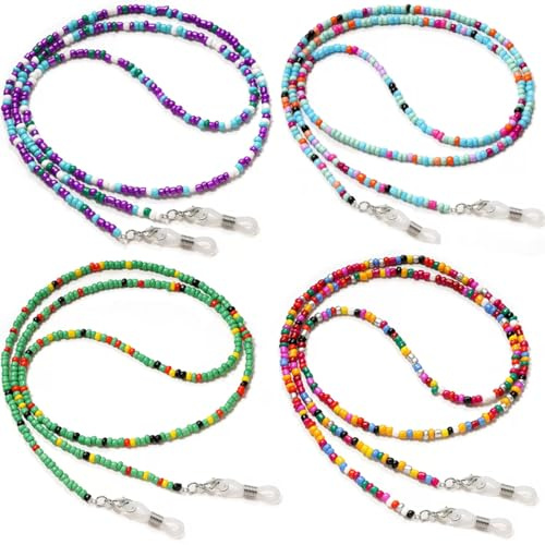 Eyglajdd 4 Stück Brillenketten für Damen, Lesebrillenbänder, Bunte Akrylperlen Brillenband, Brillenhalter, verstellbare Anti Rutsch, Brillenschnur 4 Farben Mischen